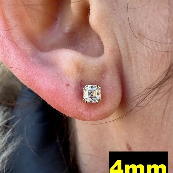 Real Iced Moissanite Stud Earrings Asscher Cut 14k Gold Over 925 Silver 4mm - Picture 2 of 4